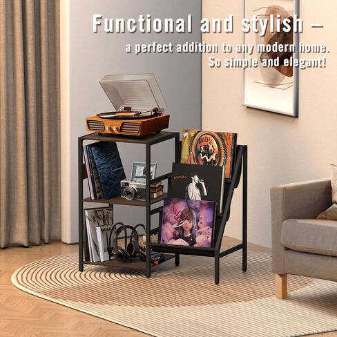 Large Record Player Stand with Charging Station, 3-Tier Vinyl Record Storage, Record Player Table Turntable Stand Holds Up to 200 Albums, Premium End Table for Living Room Bedroom in Saudi Arabia