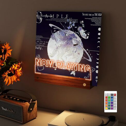 YuanDian Light up Now Playing Vinyl Record Stand Wall Mount, Now Spinning Record Player Stand, Wooden Acrylic Holder for Vinyl Album Display and Storage with 16 Changing Color Lights in Kuwait