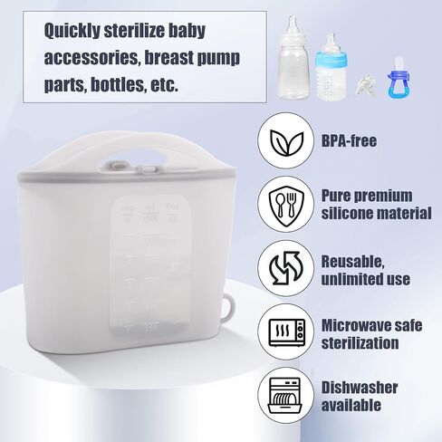 1.5L Breast Pump Sterilizer Bags, Reusable Sterilizer Bags for Baby Bottles Silicone Microwave Sterilizer Bag Mom Must-Have Accessories for Pacifiers Breast Pump for Home On-The-Go (Grey) in Saudi Arabia