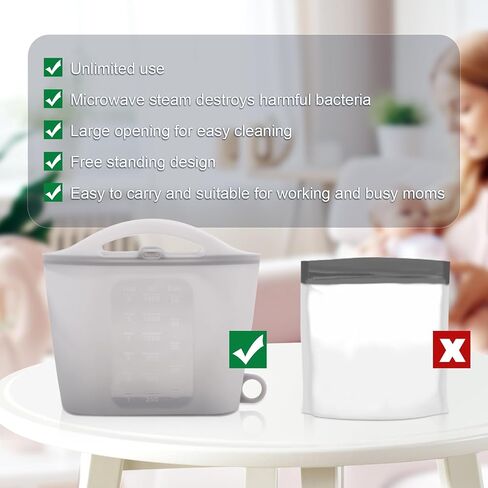 1.5L Breast Pump Sterilizer Bags, Reusable Sterilizer Bags for Baby Bottles Silicone Microwave Sterilizer Bag Mom Must-Have Accessories for Pacifiers Breast Pump for Home On-The-Go (Grey) in Saudi Arabia