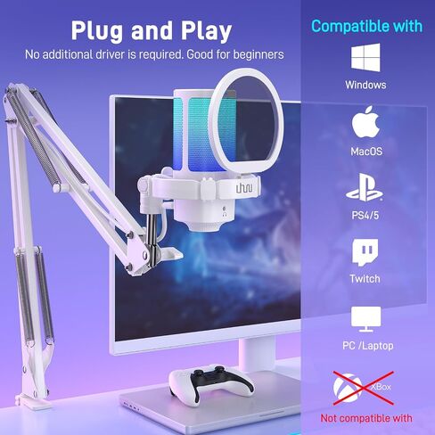 UHURU Gaming USB Microphone for PC, Computer Mic with Controllable RGB for PS4/5 Gamers, Podcast Mic with Boom Arm, Noise Cancellation, Mute Button, Gain Knob for Streaming Discord Twitch-UM2S in Saudi Arabia