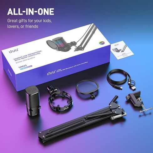 UHURU Gaming USB Microphone for PC, Computer Mic with Controllable RGB for PS4/5 Gamers, Podcast Mic with Boom Arm, Noise Cancellation, Mute Button, Gain Knob for Streaming Discord Twitch-UM2S in Saudi Arabia