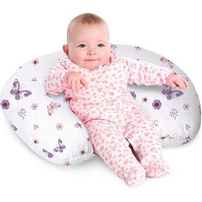 Little Grape Land Nursing Pillow, Soft 100% Cotton Breastfeeding Pillow with Breathable Muslin Removable Cover, Purple Butterfly Breast Feeding Pillows for Babies 0-12 Months with Protective Zipper