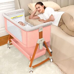 Baby Bassinet Sleeper, 6 Height Adjustable Baby Crib for Baby, Easy to Fold Portable Crib Side Bassinet, Rocking Bassinets Bedside Sleeper with Breathable Mesh and Wheels (Pink) in Kuwait