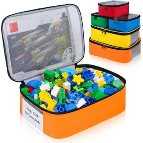 5 Pack Toy Storage Bags Compatible with LEGO Bricks, Portable Carrying Case for LEGO Easy Organizer, Puzzles Blocks Containers& Board Game Bins with Name Tag, Manual Pocket, Visible Top& Handle