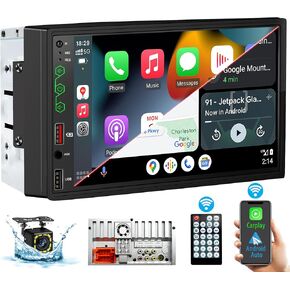 7'' Wireless Apple Carplay/Android Auto, Double Din Car Stereo with 240W Enhanced DSP Sound, FM/AM radio, 7 Inch LCD Ultra HD Touchscreen, Bluetooth Handsfree, Waterproof Backup Camera, Phone-Link