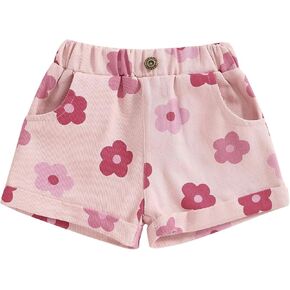 GOOCHEER Toddler Baby Girls Summer Clothes Flower Print Elastic Waist Pockets Pull On Denim Jeans Shortie Shorts Pants