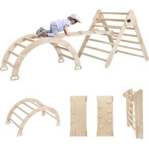 EDOSTORY 5 in 1 Pikler Triangle Set, Indoor Playground and Gym for Kids, Foldable Wooden Montessori Climbing Set Triangle Ladder Set with Slide and Climbing Ramp, Gift for Boys Girls(Rainbow)