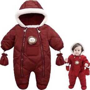 Baby Winter Warm Puffer Solid Zipper Romper hooded Snowsuit with Mittens and Shoes