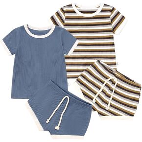 Baby Boys Girls Short Sets Ribbed Knitted Cotton Short Sleeves Top+Elastic Pants Summer Toddler Striped Outfits