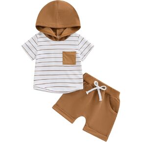 Toddler Baby Boy Clothes Summer Infant Casual Outfits Stripe Short Sleeve Hooded T-Shirt + Jogger Shorts Sets
