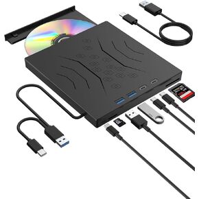 7 in 1 DVD External Blu-ray Drive: USB 3.0 Type-C External Bluray/DVD Drive Burner with SD/TF Port - Support Disc R/W - External Disc Drive Compatible with Windows XP/7/8/10/11 Mac Laptop Desktop