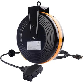 [مدرج في قائمة ETL] بكرة سلك تمديد قابلة للسحب بطول 35 قدمًا و3 منافذ (SJTW 16 AWG، 10A / 1250W) مع نقطة تثبيت باللون الأسود