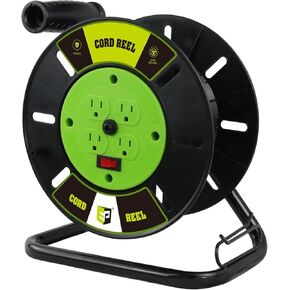 EP Open Cord Reel with 60 Ft Extension Cord, 14 AWG SJTW Heavy Duty Extension Cable, 4 Grounded Outlets, Hand Wind Retractable, 13 Amp Circuit Breaker, Red