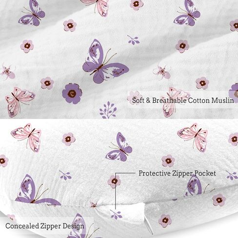 Little Grape Land Muslin Nursing Pillow, Soft 100% Cotton Breastfeeding Pillow with Breathable Cotton Removable Cover, Fog Flower Breast Feeding Pillows for Babies 0-12 Months with Protective Zipper in Saudi Arabia