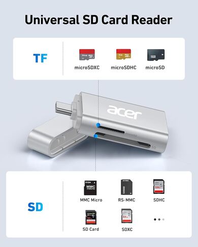 قارئ بطاقات Acer USB C SD 4.0، قارئ بطاقات Micro SD UHS-II، USB C يدعم قراءة البطاقة المزدوجة، محول قارئ بطاقات ذاكرة SD 2 في 1 لبطاقات SD، SDXC، SDHC، Micro SD، Micro SDXC، Micro SDHC in Saudi Arabia