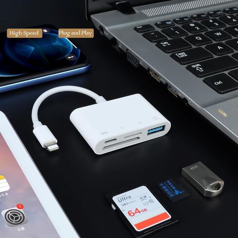 قارئ بطاقة SD لجهاز iPhone/Ipad، قارئ بطاقة الذاكرة Aieloar 4 في 1 مع USB لمنفذ إمداد الطاقة in Kuwait