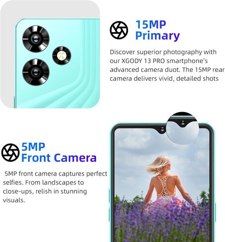 Xgody 13 Pro Unlocked Android Phone, 6.56 Inches HD Screen Cell Phone, 15MP+5MP Camera Smartphone, 4G LTE Dual SIM Slots Mobile Phone, 2GB+16GB, 3670mAh Battery, Face Unlock Smart Phone (Deep Blue) in Kuwait