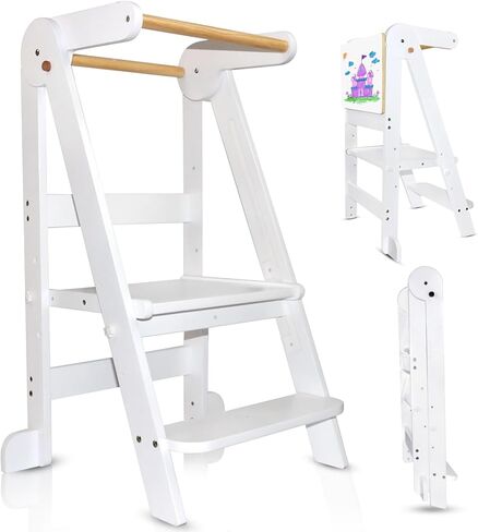 Foldable Toddler Tower Kitchen Step Stool, Standing Tower with Whiteboard, Toddler Kitchen Stool Helper with 3 Adjustable Height, Step Stool for Kids 1-6 Years, White in Saudi Arabia