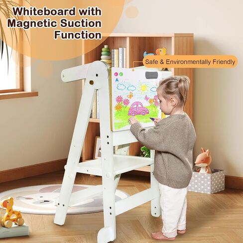 Foldable Toddler Tower Kitchen Step Stool, Standing Tower with Whiteboard, Toddler Kitchen Stool Helper with 3 Adjustable Height, Step Stool for Kids 1-6 Years, White in Saudi Arabia