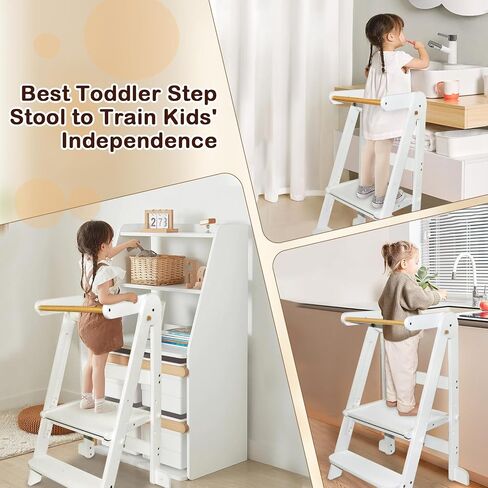 Foldable Toddler Tower Kitchen Step Stool, Standing Tower with Whiteboard, Toddler Kitchen Stool Helper with 3 Adjustable Height, Step Stool for Kids 1-6 Years, White in Saudi Arabia