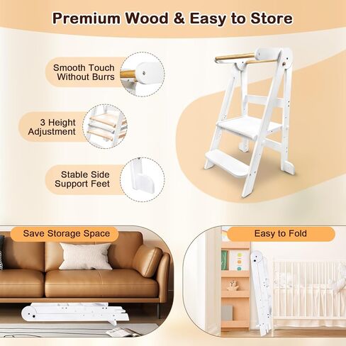 Foldable Toddler Tower Kitchen Step Stool, Standing Tower with Whiteboard, Toddler Kitchen Stool Helper with 3 Adjustable Height, Step Stool for Kids 1-6 Years, White in Saudi Arabia