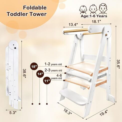 Foldable Toddler Tower Kitchen Step Stool, Standing Tower with Whiteboard, Toddler Kitchen Stool Helper with 3 Adjustable Height, Step Stool for Kids 1-6 Years, White in Saudi Arabia
