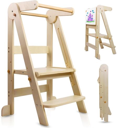 Foldable Toddler Tower Kitchen Step Stool, Standing Tower with Whiteboard, Toddler Kitchen Stool Helper with 3 Adjustable Height, Step Stool for Kids 1-6 Years, White in Saudi Arabia