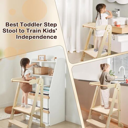 Foldable Toddler Tower Kitchen Step Stool, Standing Tower with Whiteboard, Toddler Kitchen Stool Helper with 3 Adjustable Height, Step Stool for Kids 1-6 Years, White in Saudi Arabia