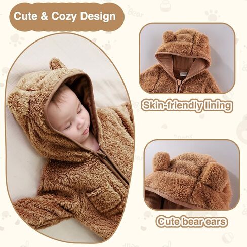 XIFAMNIY Newborn Baby Winter Snowsuit - Bear Outfit Fleece Warm Jumpsuit Romper Hooded Clothes for Infant Girls Boys in Saudi Arabia