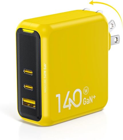 AOHI Magcube 140W USB C Charger PD3.1 3-Port GaN+ Laptop Wall Charger 100W Fast Charging Power Adapter Foldable Plug for MacBook Pro 16'', Dell XPS, iPad Pro, Galaxy, iPhone 17 Pro, Chromebook, Yellow in Kuwait