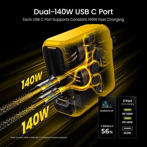AOHI Magcube 140W USB C Charger PD3.1 3-Port GaN+ Laptop Wall Charger 100W Fast Charging Power Adapter Foldable Plug for MacBook Pro 16'', Dell XPS, iPad Pro, Galaxy, iPhone 17 Pro, Chromebook, Yellow in Kuwait