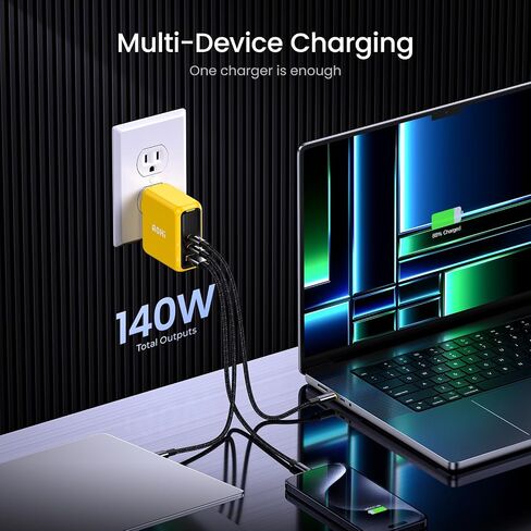 AOHI Magcube 140W USB C Charger PD3.1 3-Port GaN+ Laptop Wall Charger 100W Fast Charging Power Adapter Foldable Plug for MacBook Pro 16'', Dell XPS, iPad Pro, Galaxy, iPhone 17 Pro, Chromebook, Yellow in Kuwait