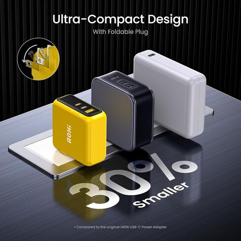 AOHI Magcube 140W USB C Charger PD3.1 3-Port GaN+ Laptop Wall Charger 100W Fast Charging Power Adapter Foldable Plug for MacBook Pro 16'', Dell XPS, iPad Pro, Galaxy, iPhone 17 Pro, Chromebook, Yellow in Kuwait