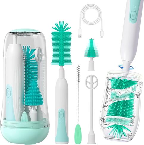 Electric Bottle Brush Cleaner, Electric Baby Bottle Cleaner with Replaceable Silicone Bottle Brushes,Nipple and Straw Brush, Travel Bottle Brush Set with Drainage Rack and Storage Box in Saudi Arabia