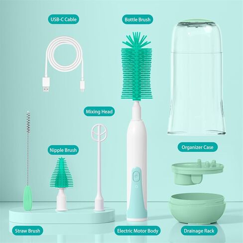 Electric Bottle Brush Cleaner, Electric Baby Bottle Cleaner with Replaceable Silicone Bottle Brushes,Nipple and Straw Brush, Travel Bottle Brush Set with Drainage Rack and Storage Box in Saudi Arabia