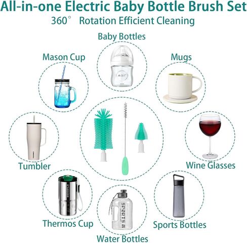 Electric Bottle Brush Cleaner, Electric Baby Bottle Cleaner with Replaceable Silicone Bottle Brushes,Nipple and Straw Brush, Travel Bottle Brush Set with Drainage Rack and Storage Box in Saudi Arabia