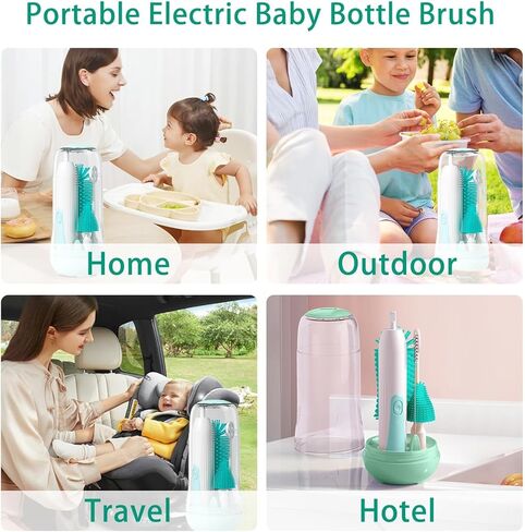 Electric Bottle Brush Cleaner, Electric Baby Bottle Cleaner with Replaceable Silicone Bottle Brushes,Nipple and Straw Brush, Travel Bottle Brush Set with Drainage Rack and Storage Box in Saudi Arabia