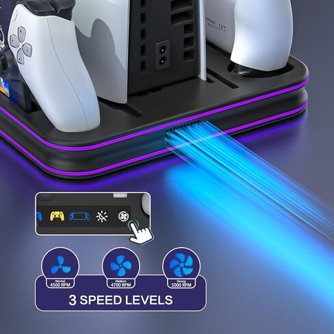 PS5 Slim Stand and Cooling Station with RGB LED Controller Charging Station for Playstation 5, PS5 Controller Charger for Dual Sense & Edge Controller, PS5 / PS5 Slim Accessories Cooling Black in Saudi Arabia