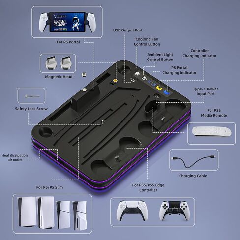 PS5 Slim Stand and Cooling Station with RGB LED Controller Charging Station for Playstation 5, PS5 Controller Charger for Dual Sense & Edge Controller, PS5 / PS5 Slim Accessories Cooling Black in Saudi Arabia