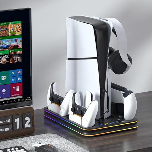 PS5 Slim Stand and Cooling Station with RGB LED Controller Charging Station for Playstation 5, PS5 Controller Charger for Dual Sense & Edge Controller, PS5 / PS5 Slim Accessories Cooling Black in Saudi Arabia