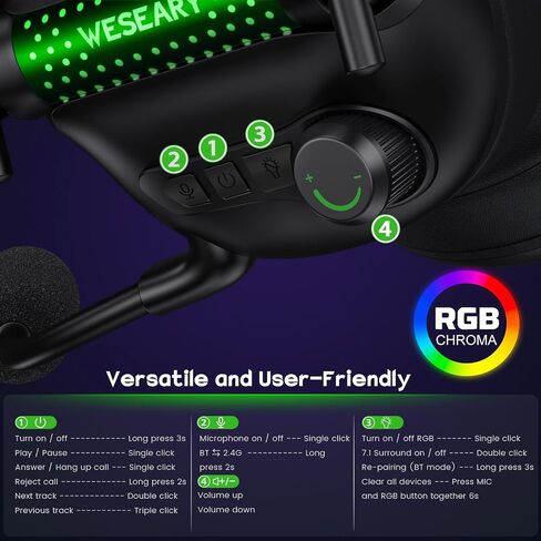 Wireless Gaming Headset with Microphone for PS5, PS4, PC, Switch, Mac, 7.1 Crystal Stereo Bluetooth Headphones, PS5 Headset Wireless 2.4GHz with Lossless Audio, 50 Hr Battery, Cool RGB in Saudi Arabia