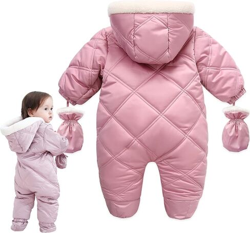 Baby Winter Warm Puffer Solid Zipper Romper hooded Snowsuit with Mittens and Shoes in Saudi Arabia