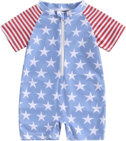 Infant Baby Boy 4th of July Swimsuit Summer Star Stripe Print Short Sleeve Zipper Swimwear One Piece Rash Guard in Saudi Arabia