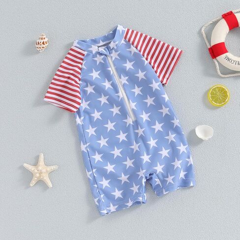 Infant Baby Boy 4th of July Swimsuit Summer Star Stripe Print Short Sleeve Zipper Swimwear One Piece Rash Guard in Saudi Arabia