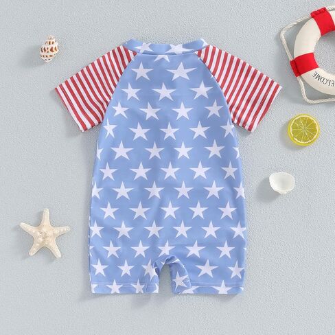 Infant Baby Boy 4th of July Swimsuit Summer Star Stripe Print Short Sleeve Zipper Swimwear One Piece Rash Guard in Saudi Arabia