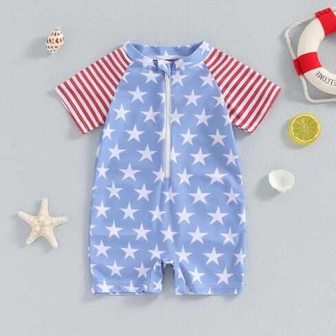 Infant Baby Boy 4th of July Swimsuit Summer Star Stripe Print Short Sleeve Zipper Swimwear One Piece Rash Guard in Saudi Arabia