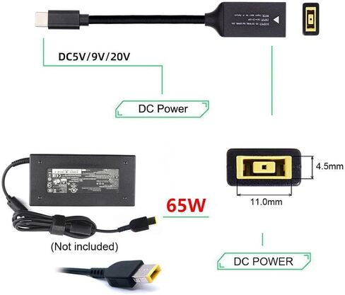PD65W Lenovo thinkpad Square Mouth DC 11x4.5mm محول إلى كابل شحن USB-C أنثى إلى كابل محول طاقة شاحن من النوع C لأجهزة الكمبيوتر المحمولة، والهواتف المحمولة، والأجهزة اللوحية، وأجهزة الشحن، إلخ in Saudi Arabia