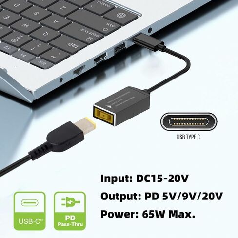 PD65W Lenovo thinkpad Square Mouth DC 11x4.5mm محول إلى كابل شحن USB-C أنثى إلى كابل محول طاقة شاحن من النوع C لأجهزة الكمبيوتر المحمولة، والهواتف المحمولة، والأجهزة اللوحية، وأجهزة الشحن، إلخ in Saudi Arabia