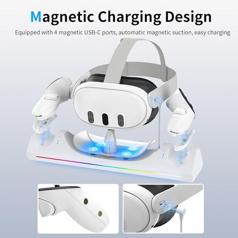 قاعدة شحن Catlyn for Meta Quest 3: ملحقات ROG الملونة للأضواء Quest 3 للشحن السريع بقدرة 30 وات - حامل شحن لوحدة التحكم Oculus Quest 3 وسماعة الرأس ومحطة الشحن المغناطيسية Quest 3 (أبيض) in Kuwait